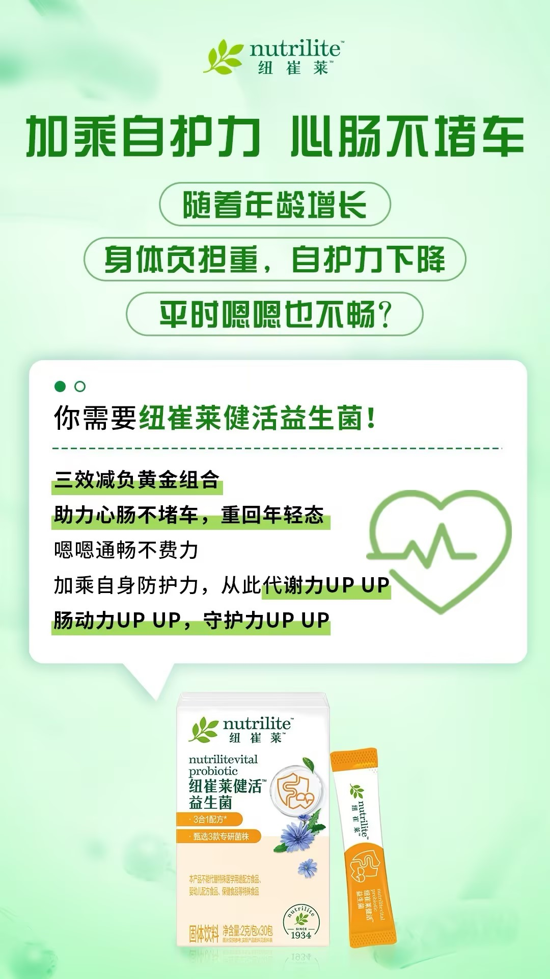 默认标题 加乘自护力 心肠不堵车
随着年龄增长
身体负担重,自护力下降
平时嗯嗯也不畅?
你需要纽崔莱健活益生菌!
三效减负黄金组合
助力心肠不堵车,重回年轻态
嗯嗯通畅不费力
加乘自身防护力,从此代谢力UP UP
肠动力UP UP,守护力UP UP
nutrilite
纽崔莱
nutrilitevital
probiotic
纽崔莱健活
益生菌
3合1配方*
甄选3款专利菌株
本产品不能代替特殊医学用途配方食品、
婴幼儿配方食品、保健食品等特殊食品
固体饮料 净含量:2克/包×30包
1934
nutrilite
纽崔莱
nutrilite
纽崔莱健活