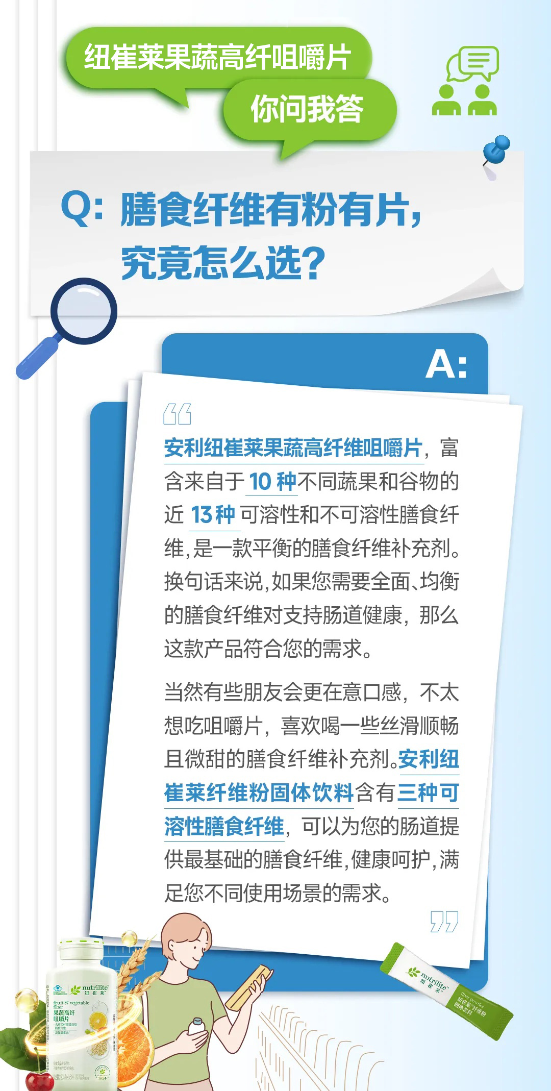 默认标题 纽崔莱果蔬高纤咀嚼片
你问我答
Q: 膳食纤维有粉有片,究竟怎么选?
A:
安利纽崔莱果蔬高纤维咀嚼片,富含来自于10种不同蔬果和谷物的近13种可溶性和不可溶性膳食纤维,是一款平衡的膳食纤维补充剂。换句话说,如果您需要全面、均衡的膳食纤维对支持肠道健康,那么这款产品符合您的需求。
当然有些朋友会更在意口感,不太想吃咀嚼片,喜欢喝一些丝滑顺畅且微甜的膳食纤维补充剂。安利纽崔莱纤维粉固体饮料含有三种可溶性膳食纤维,可以为您的肠道提供最基础的膳食纤维,健康呵护,满足您不同使用场景的需求。