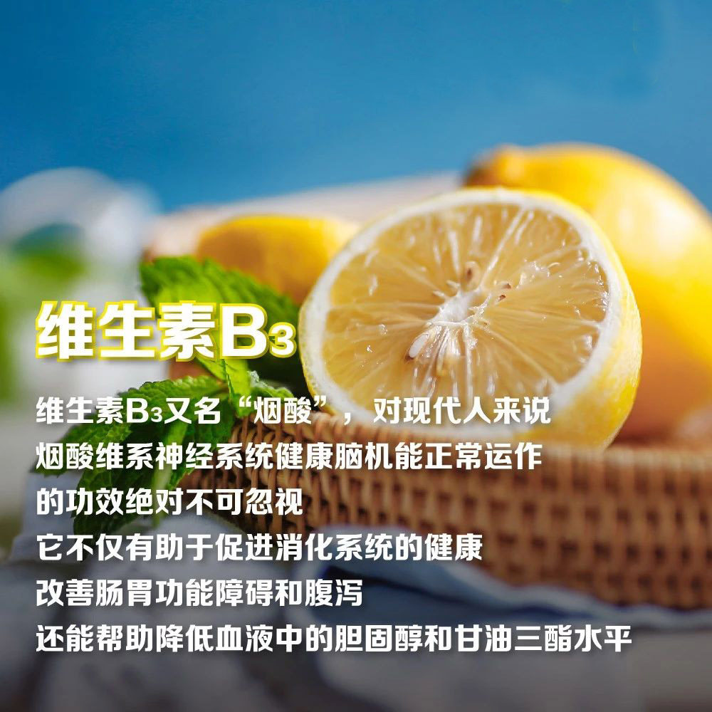 维生素B3
维生素B3又名“烟酸”，对现代人来说
烟酸维系神经系统健康脑机能正常运作
的功效绝对不可忽视
它不仅有助于促进消化系统的健康
改善肠胃功能障碍和腹泻
还能帮助降低血液中的胆固醇和甘油三酯水平