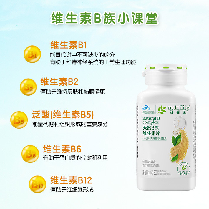 维生素B族小课堂
维生素B1
能量代谢中不可缺少的成分
有助于维持神经系统的正常生理功能
维生素B2
有助于维持皮肤和黏膜健康
泛酸(维生素B5)
能量代谢和组织形成的重要成分
维生素B6
有助于蛋白质的代谢和利用
维生素B12
有助于红细胞形成
nutrilite
纽崔莱
natural B
complex
天然B族
维生素片
一片补充7种B族维生素
保健食品不是药品
不替代药物治疗的用药。
净含量:155克30片
1934