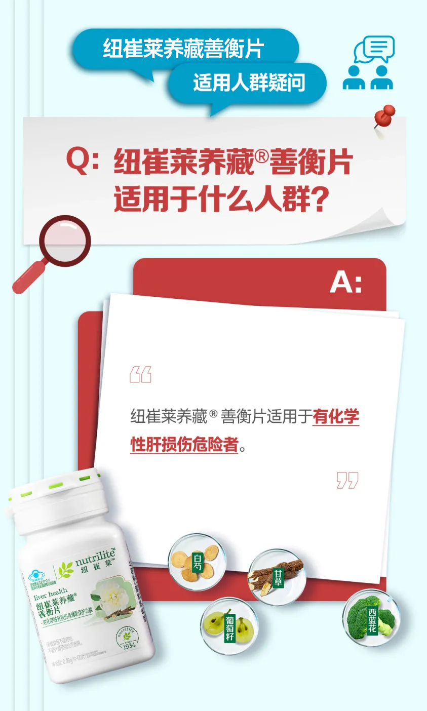 纽崔莱养善衡片
适用人群疑问
Q: 纽崔莱养藏®善衡片适用于什么人群?
A:
纽崔莱养藏®善衡片适用于有化学性肝损伤危险者。
白芍
甘草
葡萄籽
西蓝花
