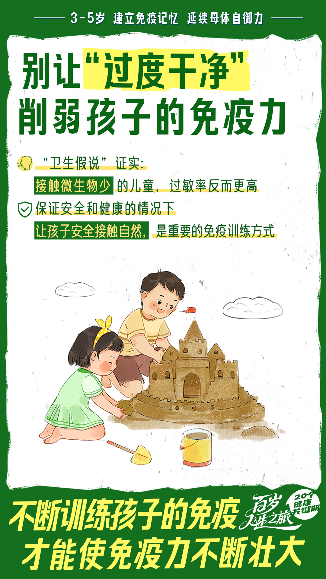 3-5岁 建立免疫记忆 延续母体自御力
别让“过度干净”削弱孩子的免疫力
“卫生假说”证实:
接触微生物少的儿童,过敏率反而更高
保证安全和健康的情况下
让孩子安全接触自然,是重要的免疫训练方式
不断训练孩子的免疫
才能使免疫力不断壮大
百岁人生之旅
20个健康关键期