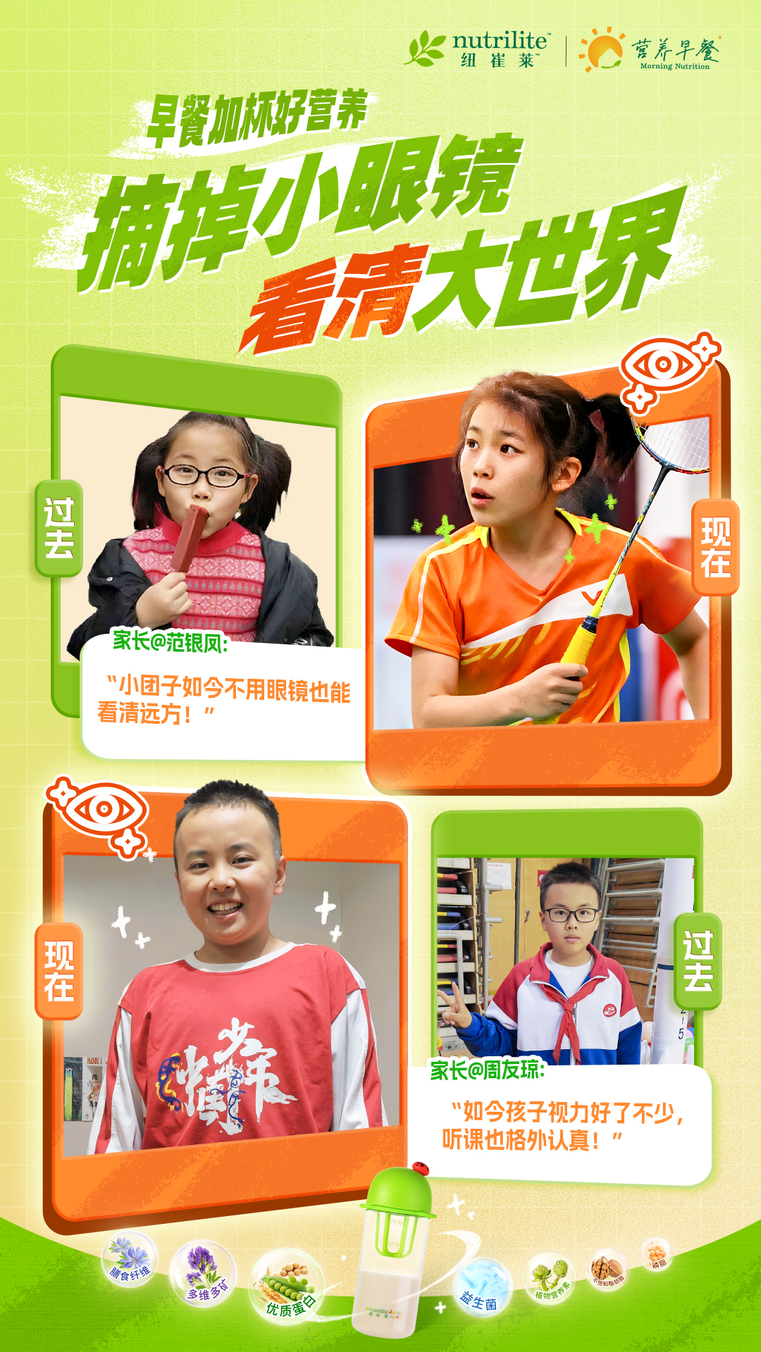 nutrilite 纽崔莱营养早餐 Morning Nutrition


 早餐加杯好营养
 摘掉小眼镜
 看清大世界

 营养早餐
 Morning Nutrition
 过去
 家长@范银凤：
 “小团子如今不用眼镜也能
 看清远方！”
 现在现在
 家长@周友琼：
 “如今孩子视力好了不少，
 听课也格外认真！”
 
 膳食纤维
 多维多钙
 优质蛋白
 益生菌
 植物营养素 不饱和脂肪酸 磷脂