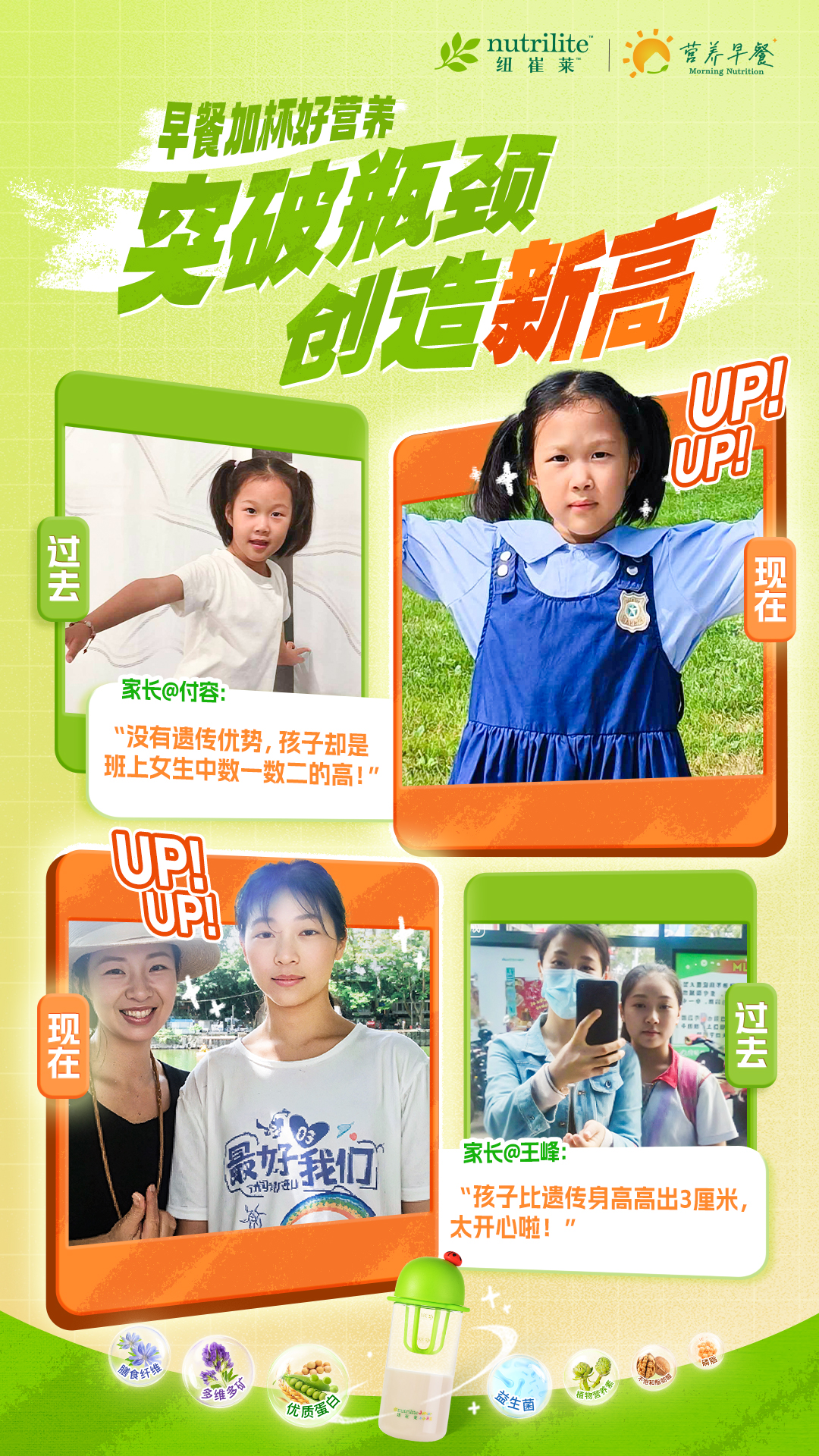 nutrilite
 纽崔莱 营养早餐Morning Nutrition
 早餐加杯好营养
 突破瓶颈
 创造新高
  
 
 
 过去
 家长@付容：
 “没有遗传优势，孩子却是
 班上女生中数一数二的高！”
 现在
 UP!
 UP!
 最好我们
 家长@王峰：
 “孩子比遗传身高高出3厘米，
 太开心啦！”
 过去
 膳食纤维
 多维多钙
 优质蛋白
 益生菌
 不饱和脂肪酸
 磷脂