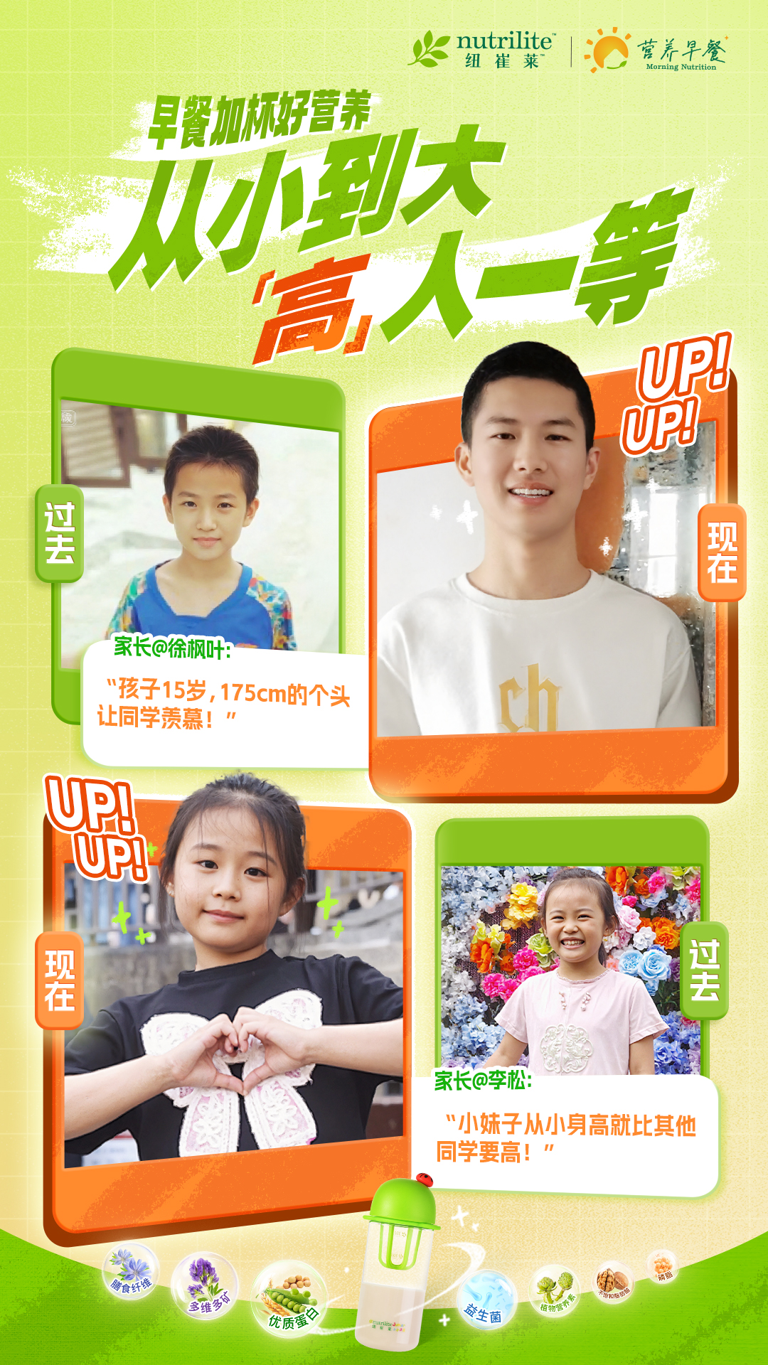nutrilite
 纽崔莱
 早餐加杯好营养
 从小到大
 高人一等

 营养早餐

 过去
 家长@徐枫叶：
 “孩子15岁，175cm的个头
 让同学羡慕！”
 UP!
 UP!
 现在 现在
 过去
 家长@李松：
 “小妹子从小身高就比其他
 同学要高！”
 膳食纤维
 多维多矿
 优质蛋白
 益生菌
 不饱和脂肪酸
 磷脂