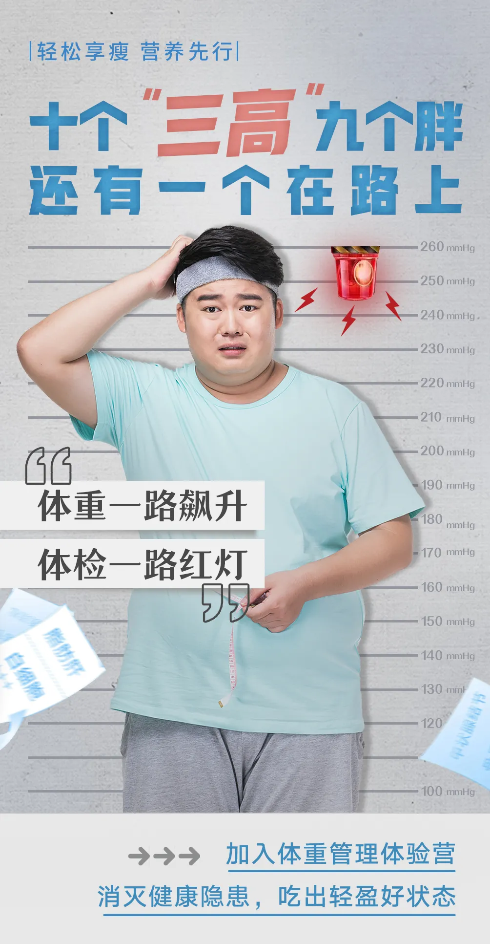 默认标题 轻松享瘦 营养先行
十个“三高”九个胖
还有一个在路上
260 mmHg
250 mmHg
240 mmHg
230 mmHg
220 mmHg
210 mmHg
200 mmHg
190 mmHg
180 mmHg
170 mmHg
160 mmHg
150 mmHg
140 mmHg
130 mmHg
120 mmHg
100 mmHg
→→→
体重一路飙升
体检一路红灯
加入体重管理体验营
消灭健康隐患,吃出轻盈好状态