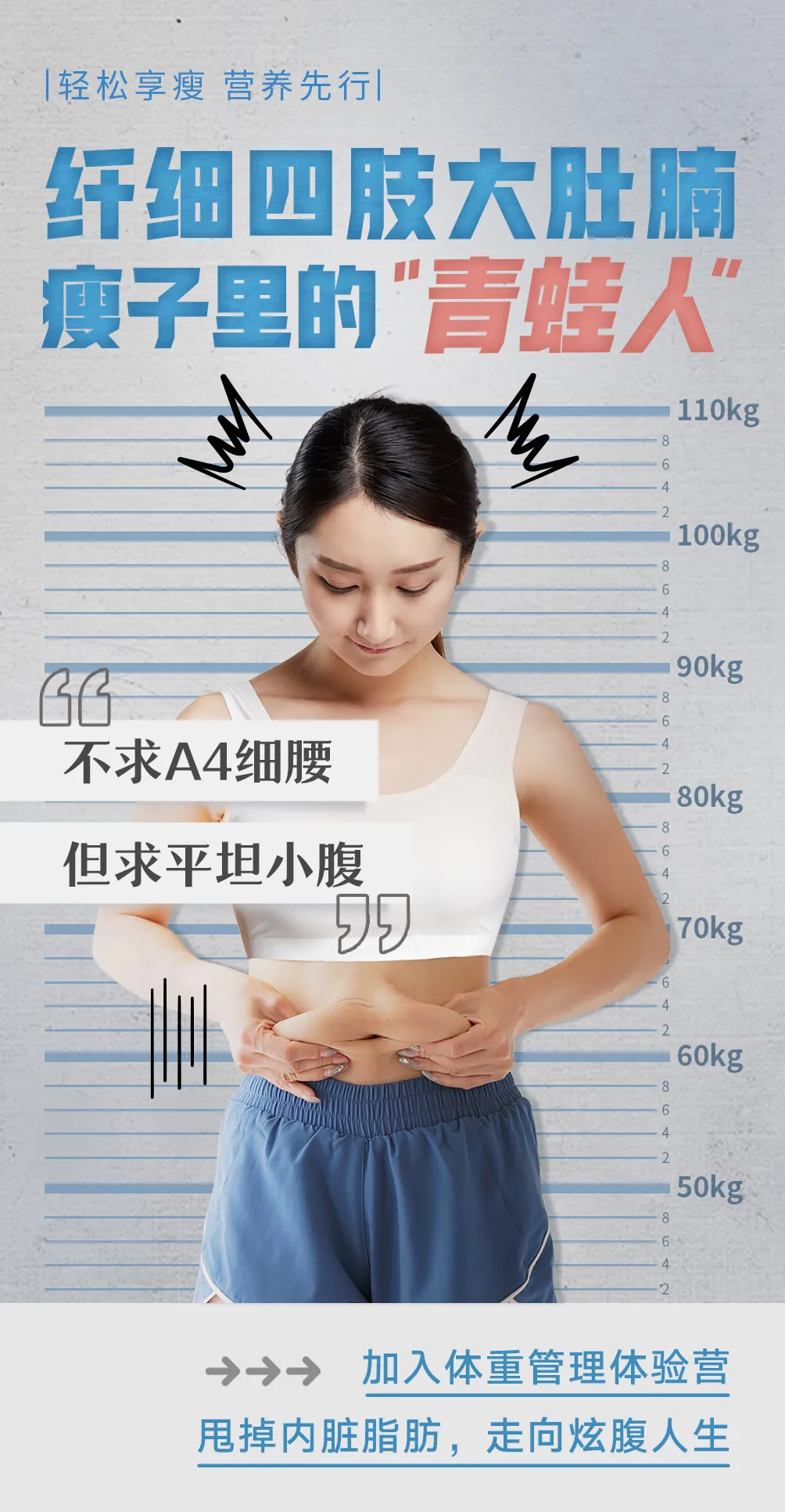 默认标题 轻松享瘦 营养先行
纤细四肢大肚腩
瘦子里的“青蛙人”
不求A4细腰
但求平坦小腹
加入体重管理体验营
甩掉内脏脂肪,走向炫腹人生
110kg
100kg
90kg
80kg
70kg
60kg
50kg