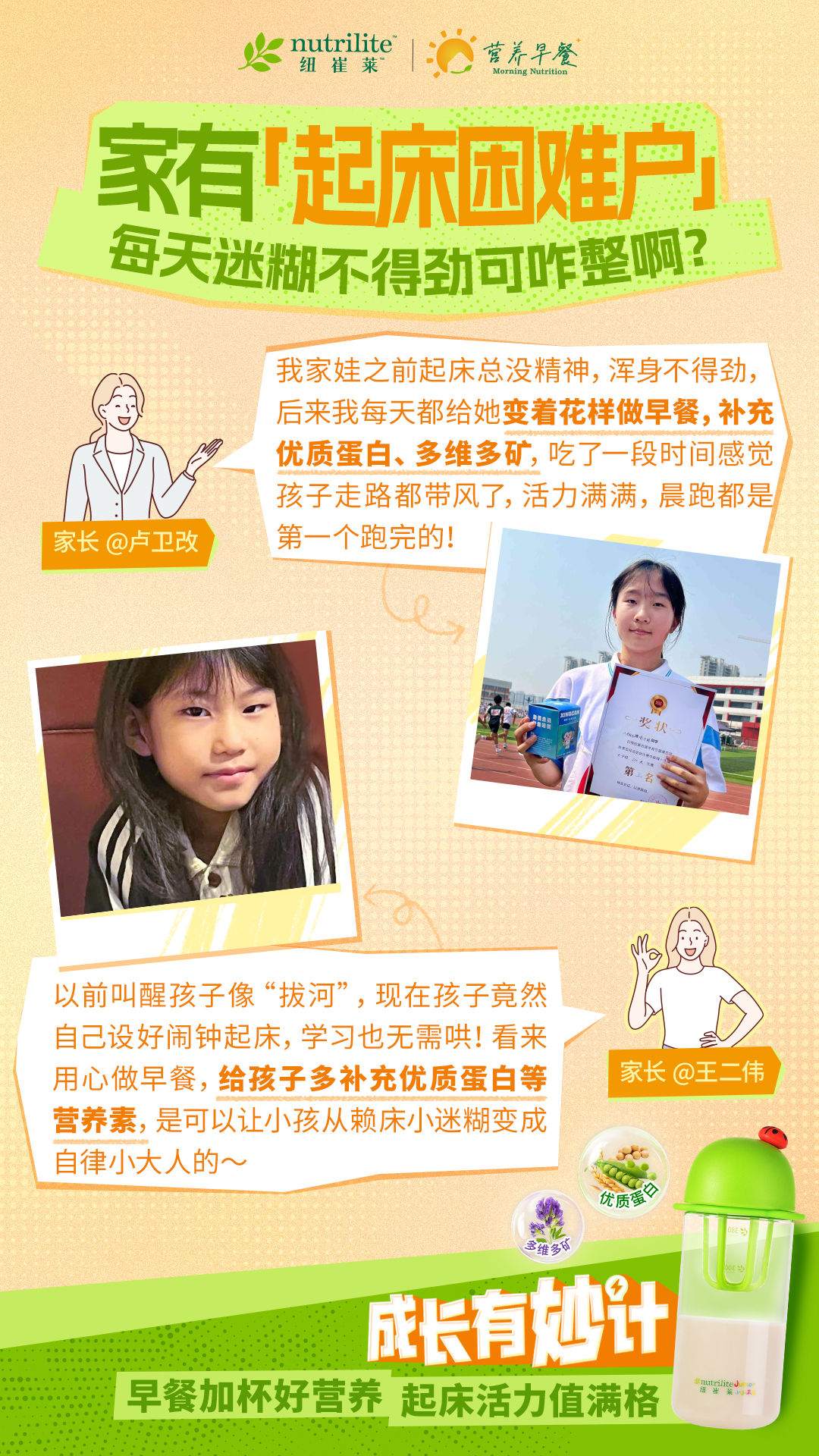 营养早餐 Morning Nutrition nutrilite  纽崔莱
  家有“起床困难户”
 每天迷糊不得劲可咋整啊？
  家长@卢卫改我家娃之前起床总没精神，浑身不得劲，后来我每天都给她变着花样做早餐，补充优质蛋白、多维多矿，吃了一段时间感觉孩子走路都带风了，活力满满，晨跑都是 第一个跑完的！
  家长@王二伟，以前叫醒孩子像“拔河”，现在孩子竟然自己设好闹钟起床，学习也无需哄！看来用心做早餐，给孩子多补充优质蛋白等营养素，是可以让小孩从赖床小迷糊变成自律小大人的~
成长有妙计
 早餐加杯好营养 起床活力值满格
 奖状 第三名
 
 优质蛋白 多维多矿