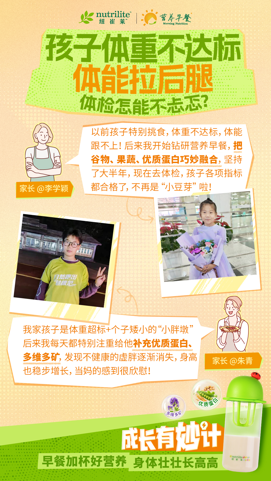 nutrilite 纽崔莱  营养早餐 Morning Nutrition
孩子体重不达标
 体能拉后腿
  体检怎能不忐忑?
家长 @李学颖以前孩子特别挑食，体重不达标，体能跟不上！后来我开始钻研营养早餐，把谷物、果蔬、优质蛋白巧妙融合，坚持了大半年，现在去体检，孩子各项指标都合格了，不再是“小豆芽”啦!
  家长 @朱青我家孩子是体重超标+个子矮小的“小胖墩”后来我每天都特别注重给他补充优质蛋白、多维多矿，发现不健康的虚胖逐渐消失，身高也稳步增长，当妈的感到很欣慰!
 成长有妙计
 早餐加杯好营养 身体壮壮长高高