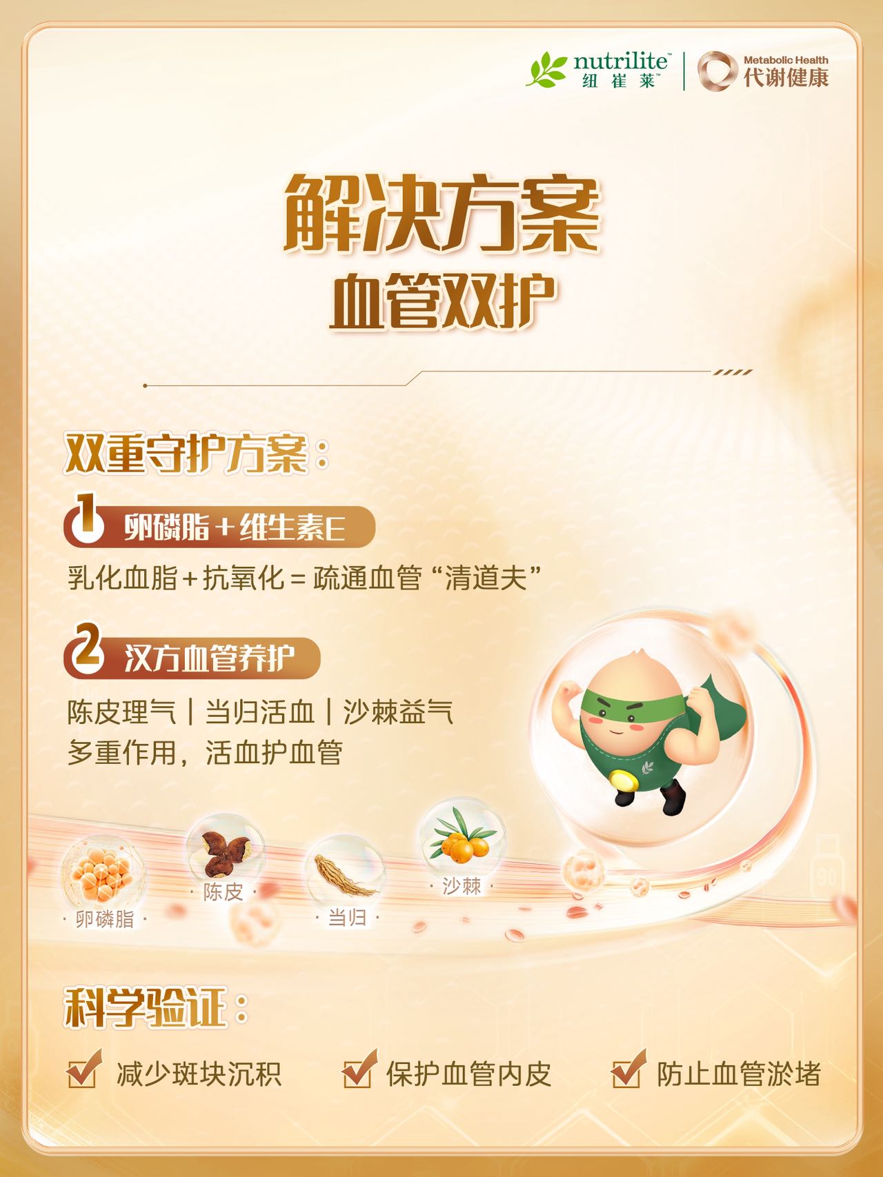 nutrilite纽崔莱
 Metabolic Health代谢健康
 解决方案 血管双护
双重守护方案：
 1 卵磷脂 + 维生素E，乳化血脂 + 抗氧化 = 疏通血管“清道夫”
 2 汉方血管养护 陈皮理气 | 当归活血 | 沙棘益气 多重作用，活血护血管
 

 ·卵磷脂· ·陈皮· ·当归·沙棘·


 
 科学验证：
 减少斑块沉积
 保护血管内皮
 防止血管淤堵