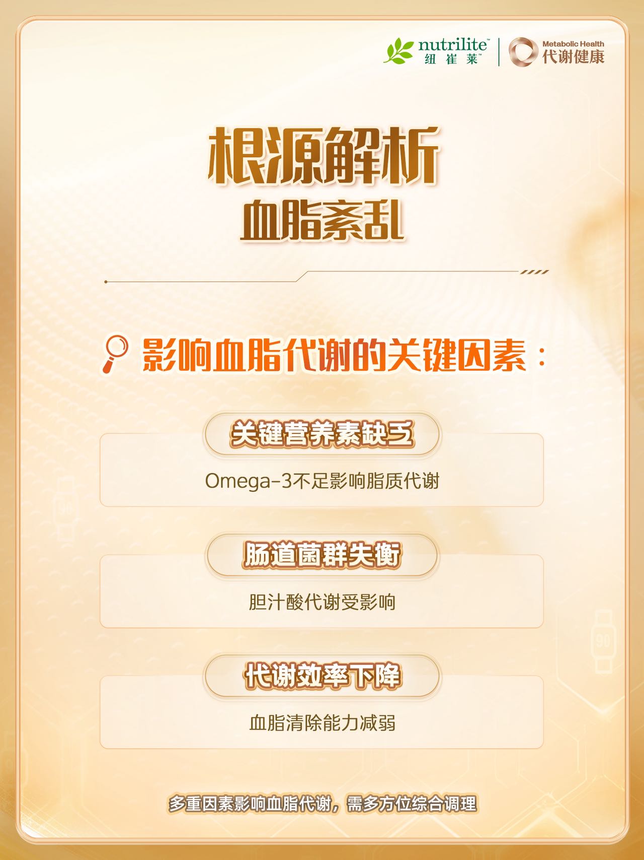 根源解析 血脂紊乱
影响血脂代谢的关键因素：
 关键营养素缺乏
 Omega-3不足影响脂质代谢
 肠道菌群失衡
 胆汁酸代谢受影响
 代谢效率下降
 血脂清除能力减弱
 多重因素影响血脂代谢，需多方位综合调理
 nutrilite 纽崔莱
 Metabolic Health 代谢健康