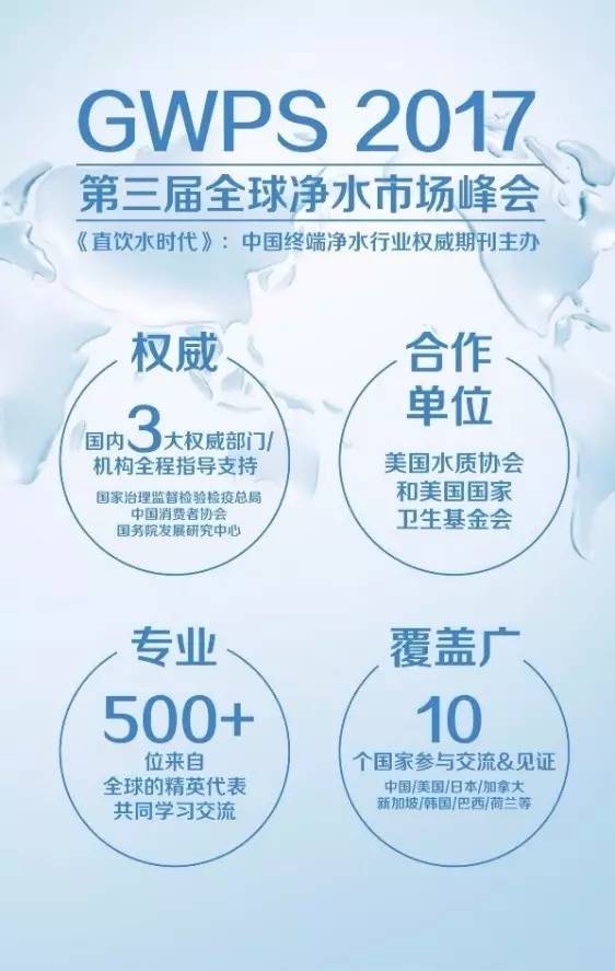 GWPS 2017 第三届全球净水市场峰会 《直饮水时代》：中国终端净水行业权威期刊主办
 权威：国内3大权威部门/机构全程指导支持（国家治理监督检验检疫总局、中国消费者协会、国务院发展研究中心）
 合作单位：美国水质协会和美国国家卫生基金会
 专业：500+位来自全球的精英代表共同学习交流
 覆盖广：10个国家参与交流与见证（中国/美国/日本/加拿大/新加坡/韩国/巴西/荷兰等）